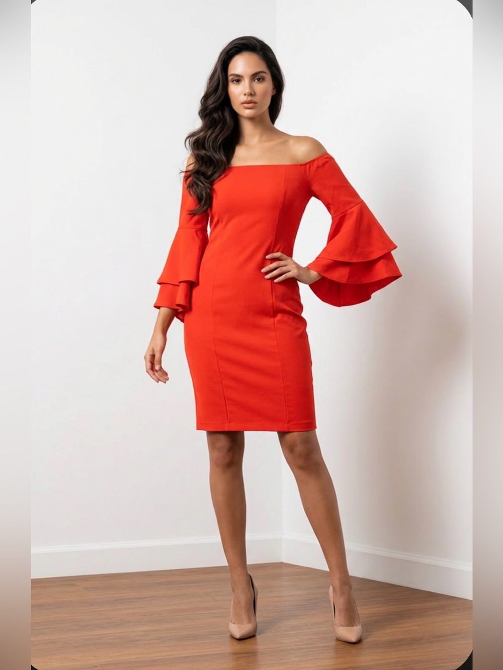 NEW VENUS Red Asymmetrical Sheath Dress with Bell Sleeves